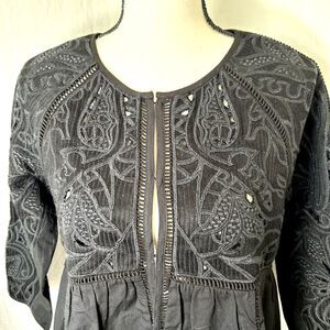 Boho Peasant Shacket Top Lucky Brand Embroidered Black Folk Western Indie Sz S